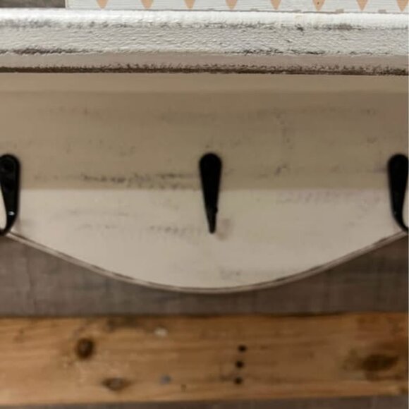 Rustic Off White Wall Shelf with Hooks and Wrought Iron Brackets - Picture 5 of 6